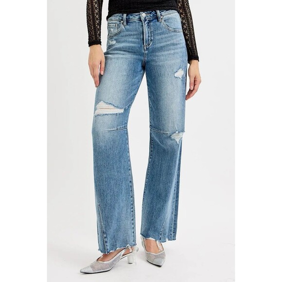 RISEN Mid Rise Fit Wide Baggy Leg Tie Washed Jeans Plus Size - Picture 1 of 6